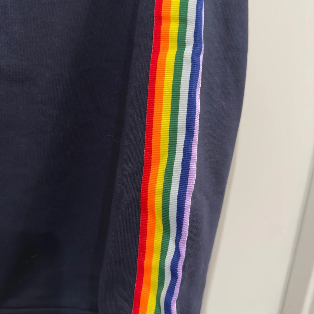 Navy Blue Pullover Sweatshirt with Rainbow Striped Ribbon Panels on the Arms NWT - Picture 9 of 14